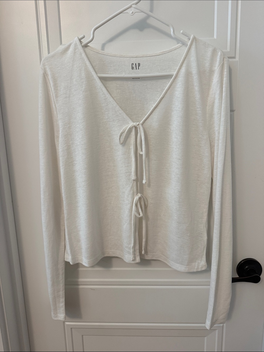 GAP Women's White Linen Blend Tie-Front Long Sleeve Top
